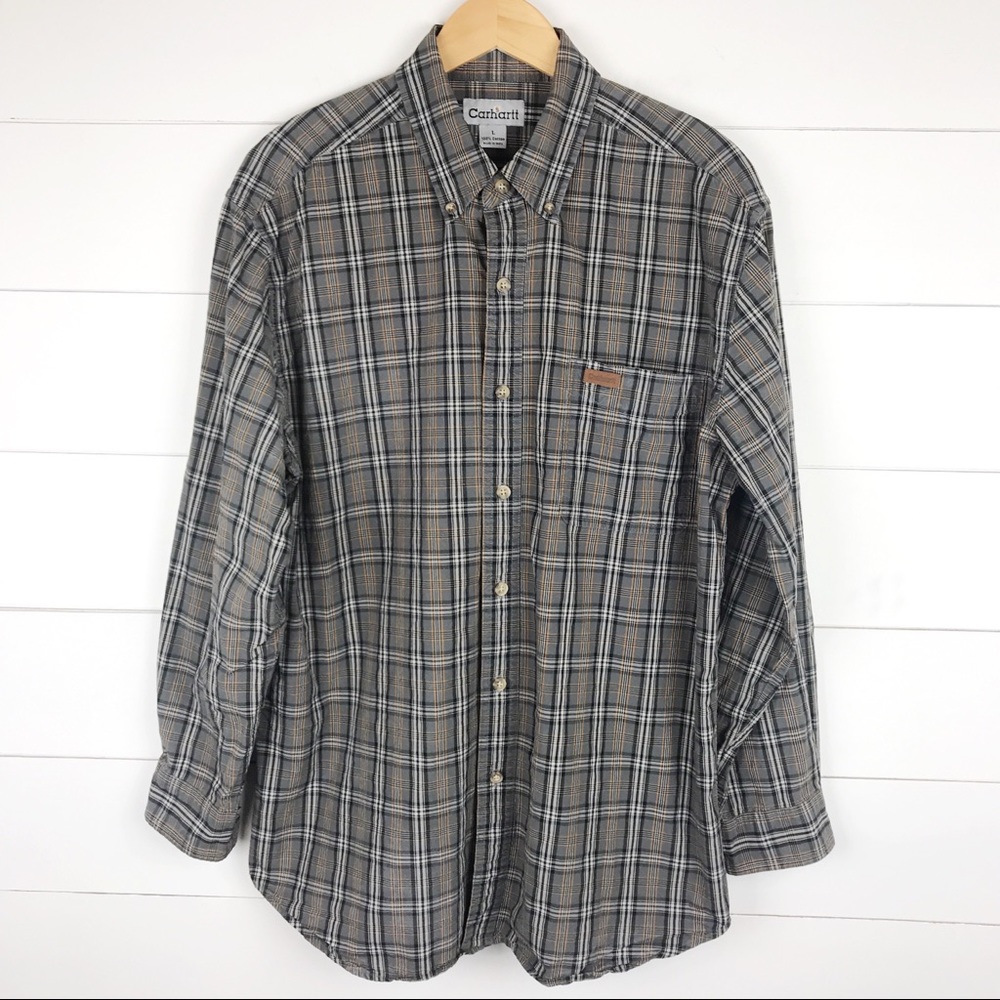 Carhartt Men’s L Plaid Shirt Button Up Gray Orange